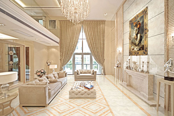 217永信贵宾会抛光砖系列KGD0851+KGD0853地面铺贴成效图